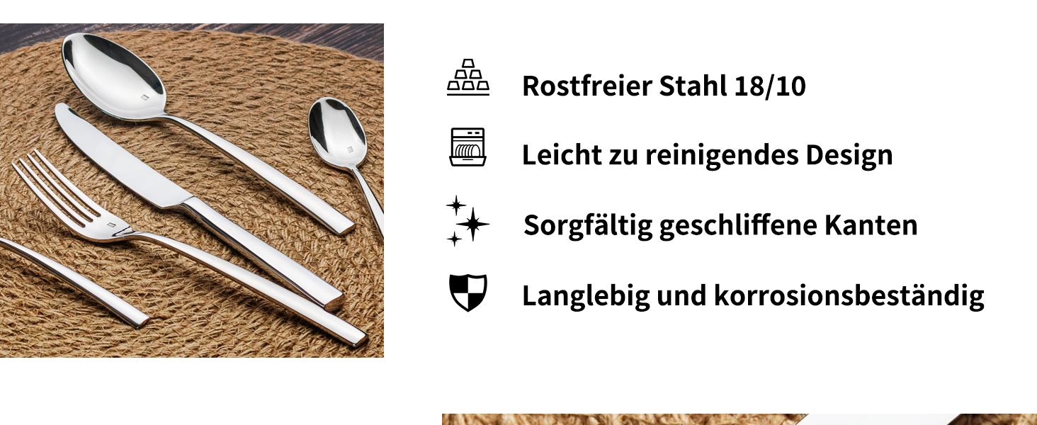 Alata Konrad 18/10 Stainless Steel Polished, Cutlery Set for 6 People, 30-Piece Dinner Cutlery Set, Monoblock Knives, Glossy Finish, Dishwasher Safe