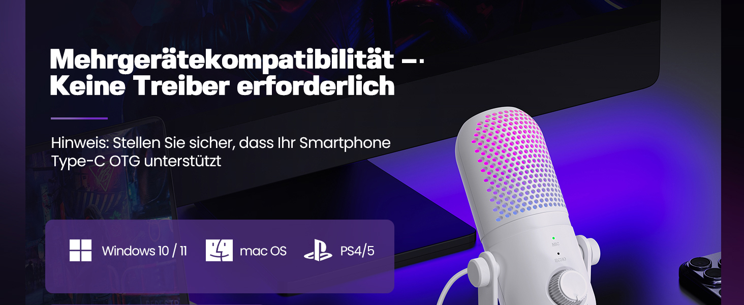 USB Мікрофон для ПК, Gaming RGB Mikrofon PS4/PS5 - для стрімінгу, YouTube, подкастів (білий)