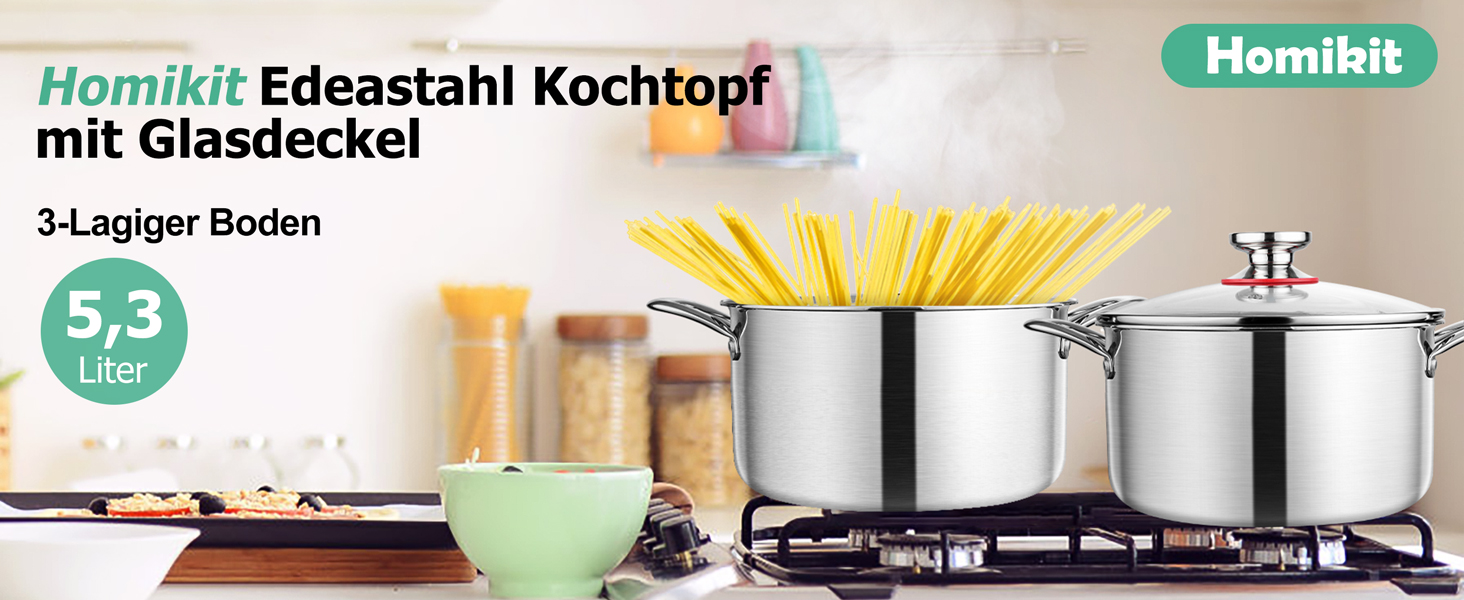 Каструля Homikit 20 см, 3-шарівна з нержавіючої сталі з кришкою з термостійкого скла, 3.3 л для приготування супу, пасти, м'яса, підходить для всіх типів плит, полірована нержавіюча сталь, не має покриття, безпечна, можна мити в посудомийній машині