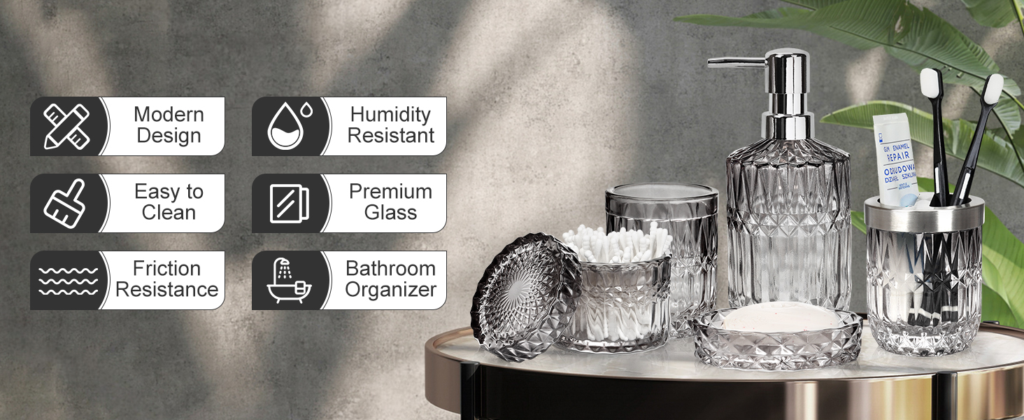 Набір аксесуарів для ванної кімнати 5 предметів: дозатор для мила та лосьйону, склянка для зубних щіток, стаканчик, мильниця, органайзер (чорний/прозорий) - сучасний декор для ванної, кухні, туалетного столика