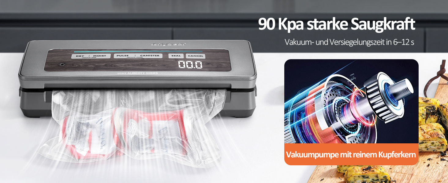 Вакуумний пакувальник 90 kPa, 100 W, широка зона запаювання, для зберігання продуктів, вбудований ніж, місце для рулонів, цифровий таймер, 2 рулони (сірий)