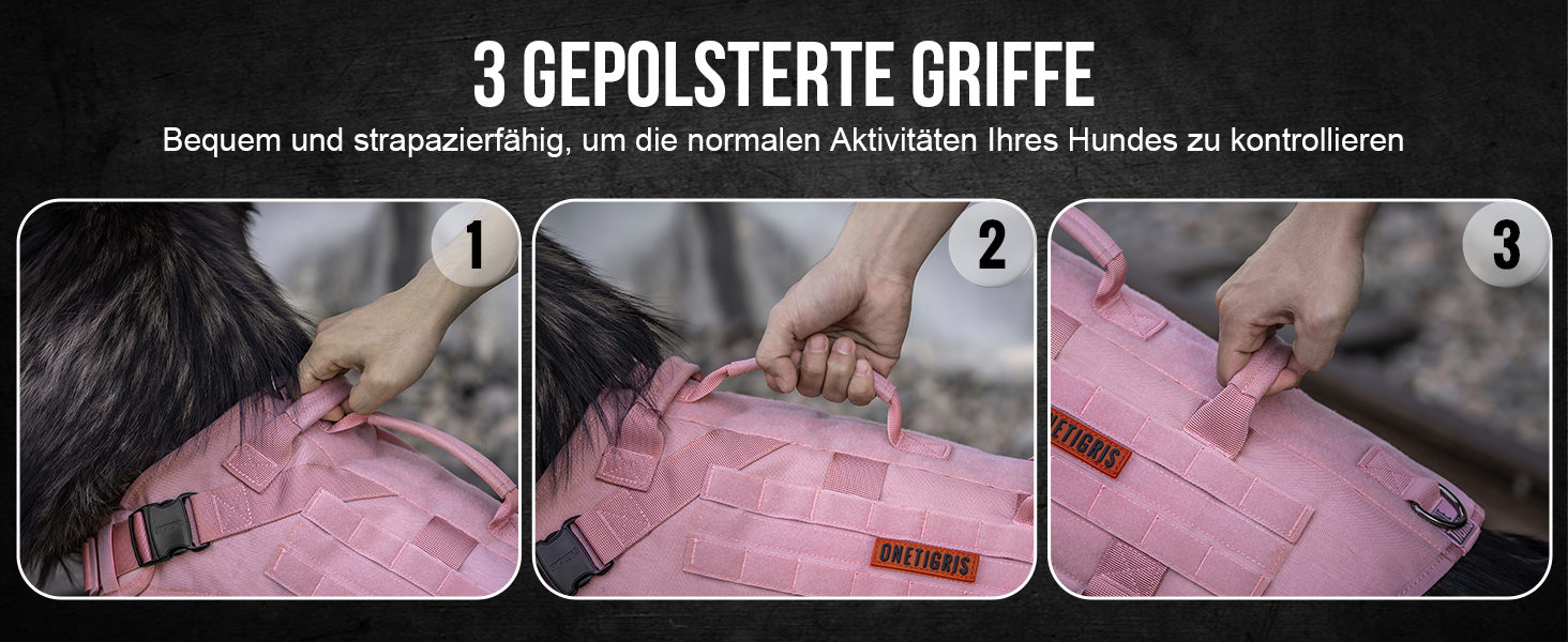 Нашийник для собак OneTigris X Destroyer тактичний, регульований, анти-тяга, вибухозахисний, з 3 ручками, 2 металевими пряжками, безпечний (Рожевий L), L:27-41кг (Окружність шиї:45-63см, Окружність грудей:68-91см)