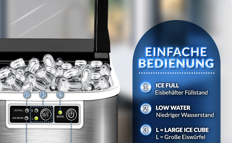 Tillvex Stainless Steel Ice Maker - 12kg Capacity, 24-Hour Production | 2.2L Water Tank, LED Display, Self-Cleaning Function | 2 Ice Cube Sizes