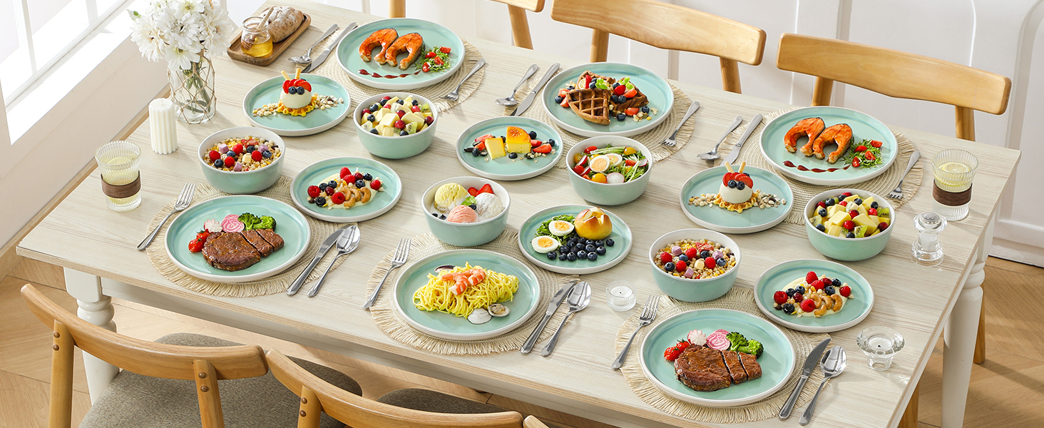 Набір посуду Steingut 18 предметів vancasso ELBA для 6 осіб, сучасний посуд у бірюзовому кольорі (6 тарілок, 6 мисок, 6 десертних тарілок)