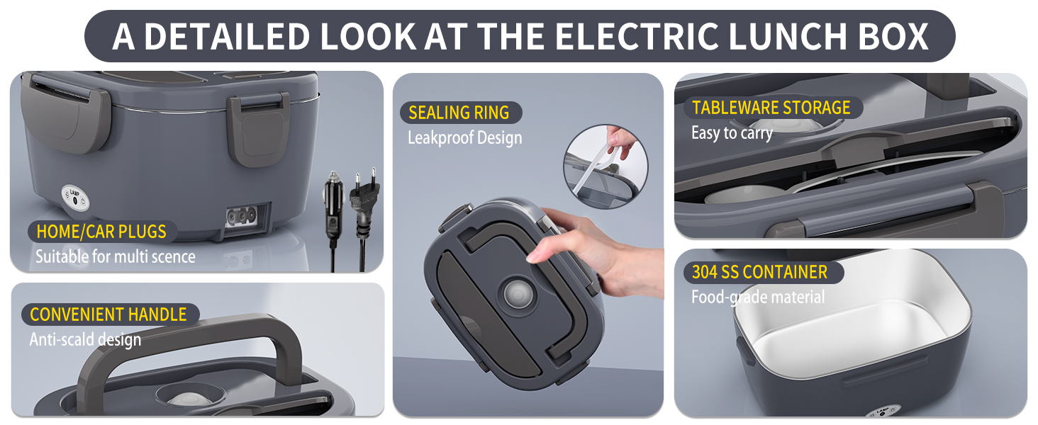 Електрична ланчбокс Carsolt 80W 1,5L з 3 функціями (нагрівання, термобокс, ланчбокс) для авто, офісу та дому. Висока якість, сірий колір, 12V/24V/230V, знімний контейнер. Безпечна від протікання.