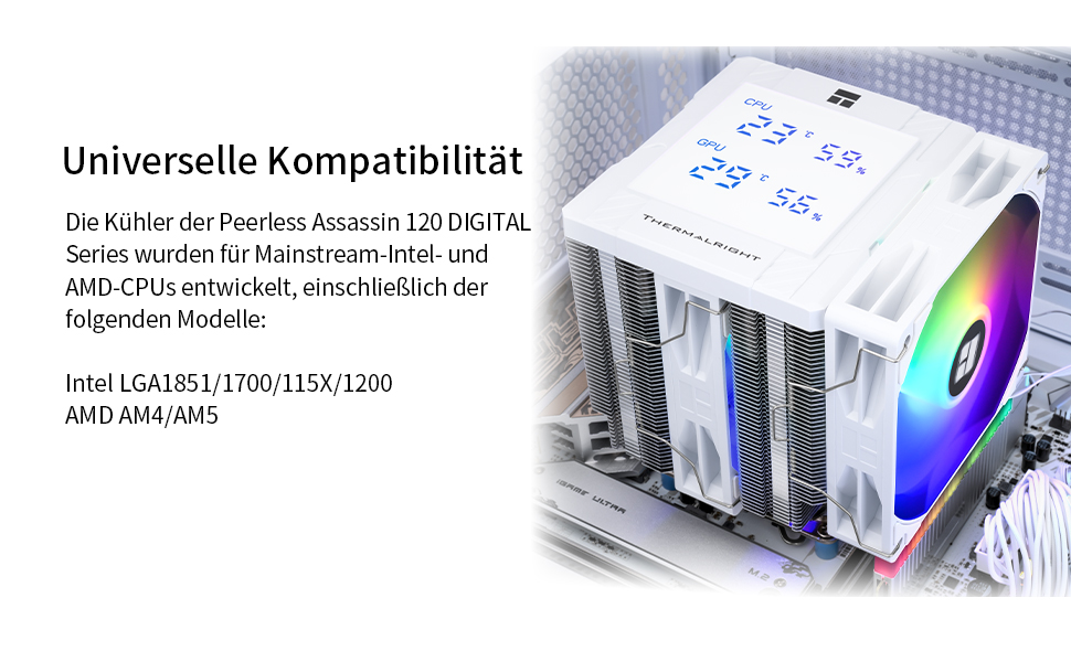 Кулер для процесора Thermalright Peerless Assassin 120 Digital ARGB White — двовежевий повітряний охолоджувач з цифровим дисплеєм, для AM4/AM5, Intel LGA1851/1700/1200