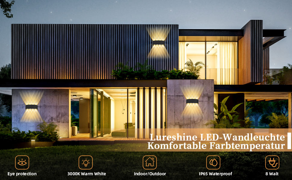 Світлодіодна настінна лампа Lureshine 2 шт., 22x8x5 см, чорний, IP65, 3000K, для вітальні