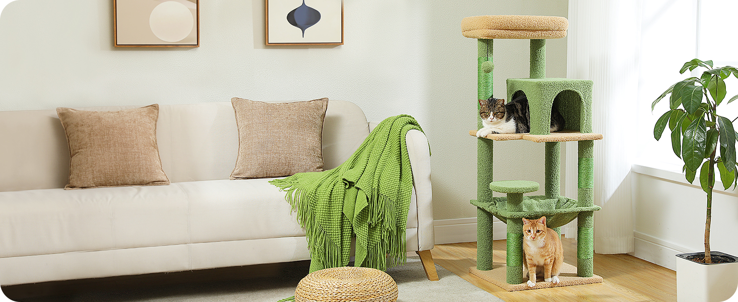 Кігтеточка-кімнатний комплекс PAWZ Road з гамаком, будиночком та м'яким покриттям, 116 см, зелений