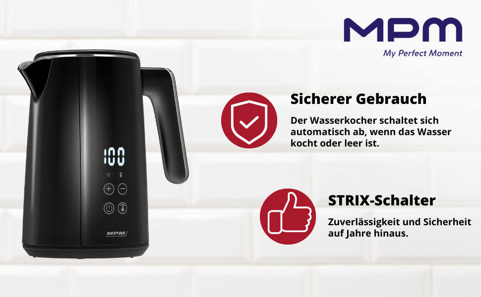 Електричний чайник MPM MCZ-120, 1.5L, з подвійними стінками, регулювання температури 40–100°C, нержавіюча сталь, 2200W, тихий, швидкий, сенсорне управління, легкий, елегантний, білий (чорний)