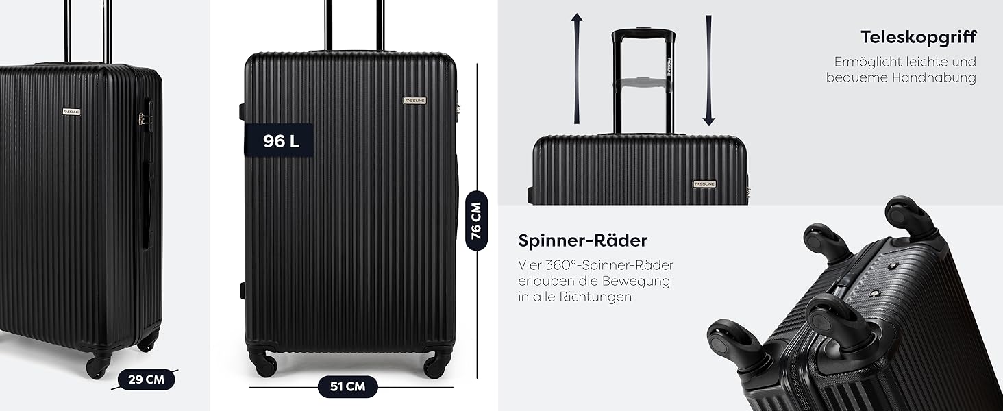 Набір валіз 3 шт: ручна поклажа, середній та великий кофр, ABS, 360° колеса, кодовий замок, телескопічна ручка (Чорний, XL)