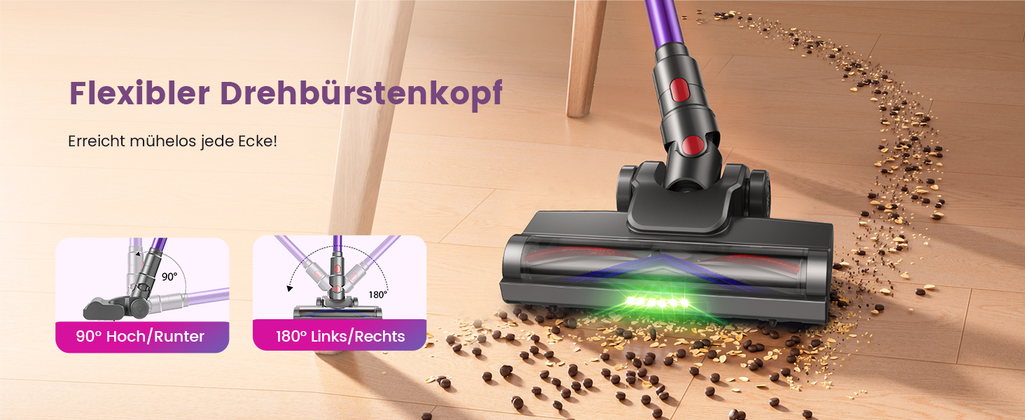 Бездротовий акумуляторний пилосос 45000 Па/580 Вт/70 хв, легкий, 6-в-1, з LED дисплеєм, станцією зарядки та насадкою проти спутання шерсті, для твердих поверхонь, килимів та шерсті тварин