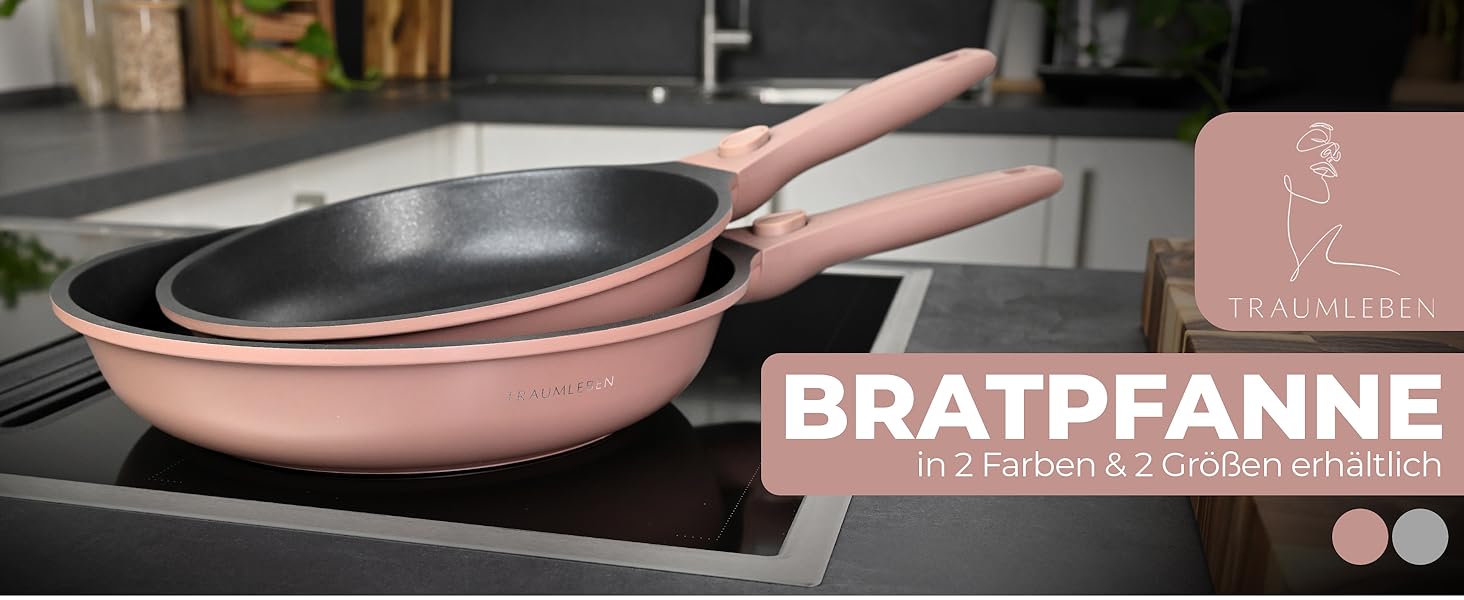 Набір сковорідок TRAUMLEBEN Neu 2-кількісний (24, 28 см) з знімними ручками, антипригарне покриття, PFOA-free, для індукції, для духовки, сковорода з покриттям, сковорода для смаження та універсальна (Рожевий, 28 см)