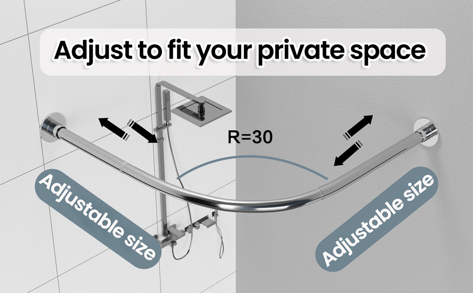 Регульована штанга для душу L-подібної форми без свердління, штанга для душу з нержавіючої сталі 304, розширювана кутова штанга для душу, для (Розмір:Колір) (C 90-130см x 90-130см, Срібло)