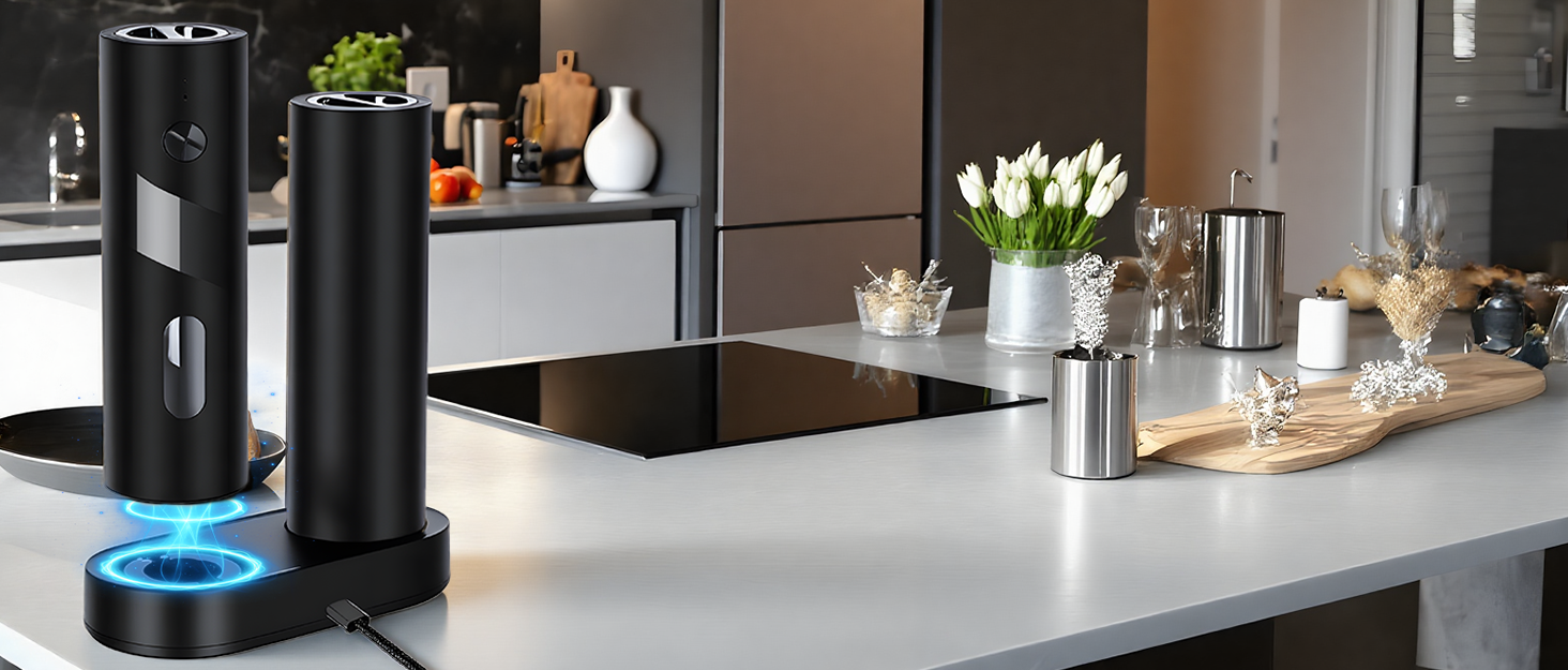 Набір електричних мельниць для солі та перцю з заряджною станцією, об'єм 110 мл, 5 ступенів помелу, керамічна млинка, щітка, 2 шт., чорний