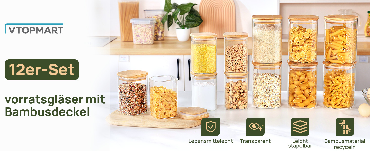 Набір банок для зберігання Vtopmart 12 шт з дерев'яними кришками: 6 x 1200 мл, 6 x 600 мл - для круп, спагетті, сипучих продуктів