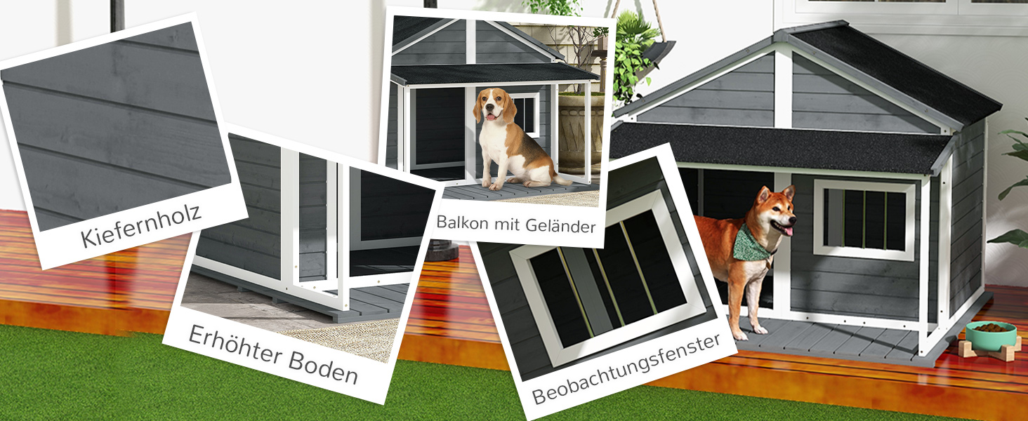 Будка для собак PawHut з масивного дерева, клітка для дрібних тварин, собача будка з терасою, асфальтовий дах, зовнішня, стійка до погодних умов, сіра, 124 x 112 x 105 см