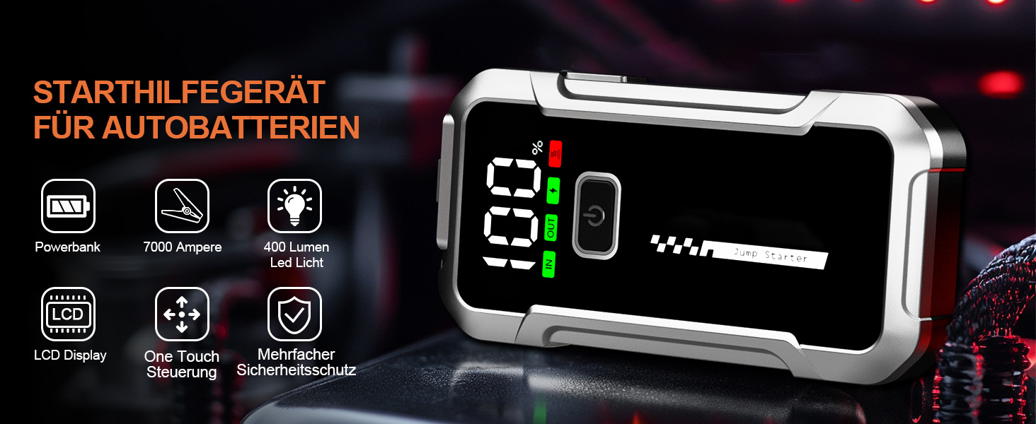 Портативний акумулятор Starthilfe для автомобіля 7000A: Запуск 12V авто, SUV, мотоцикла, газонокосарки. LED дисплей, чорний