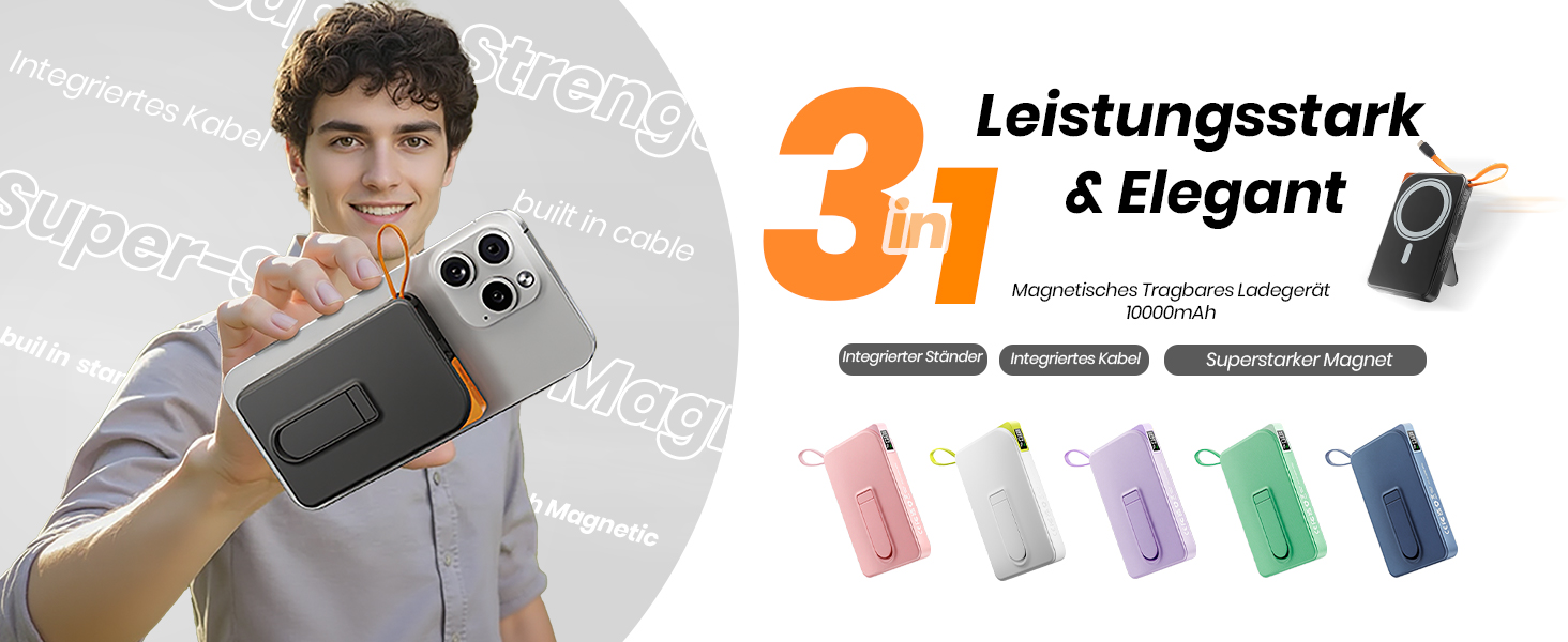 Power Bank MagSafe 10000mAh 3-в-1: Бездротовий зарядний пристрій для iPhone 17/16/15/14/13/12 та Android з USB-C кабелем і підставкою, Чорний