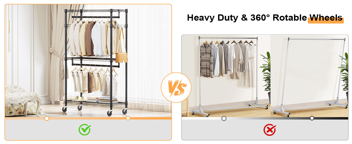 Міцний мобільний вішак для одягу з 3 рівнями, регульованими полицями, 2 штангами та гачками, чорний 40x75x189.3 см