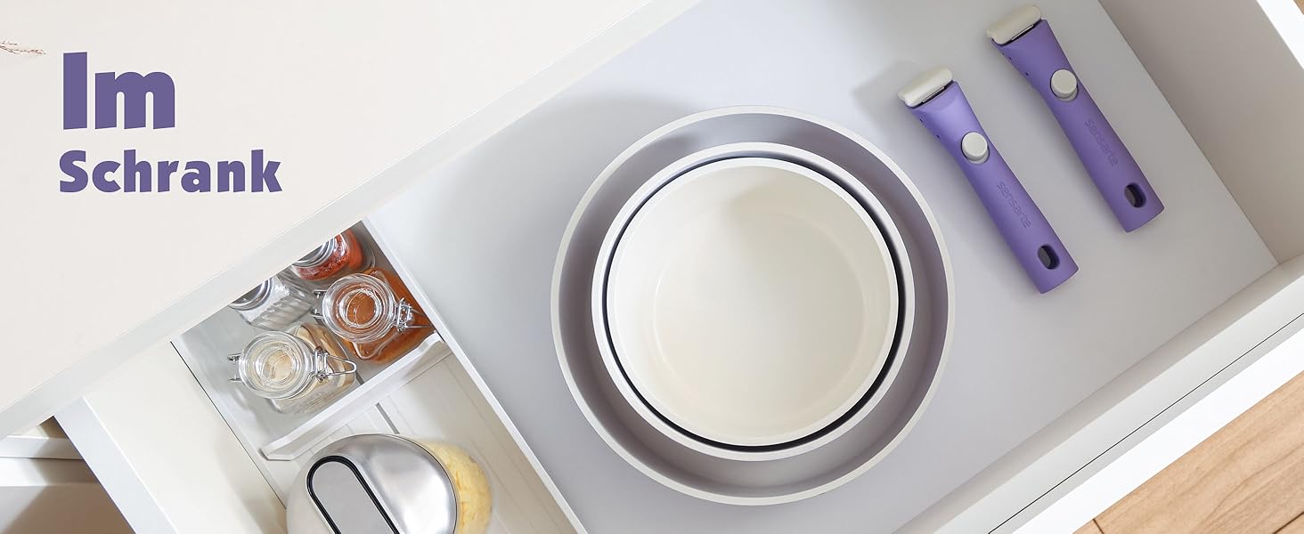 Набір посуду SENSARTE Keramik 17 предметів: каструлі, сковороди з антипригарним покриттям та знімними ручками, для всіх типів плит, можна мити в посудомийній машині та використовувати в духовці, фіолетовий колір