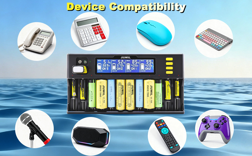 Зарядний пристрій JIUWIIL для акумуляторів 18650 Li-ion/LiFePO4 12+2 слоти, LCD-дисплей, швидка зарядка 26650, 17500, 16340, 14500, 10440, 9V