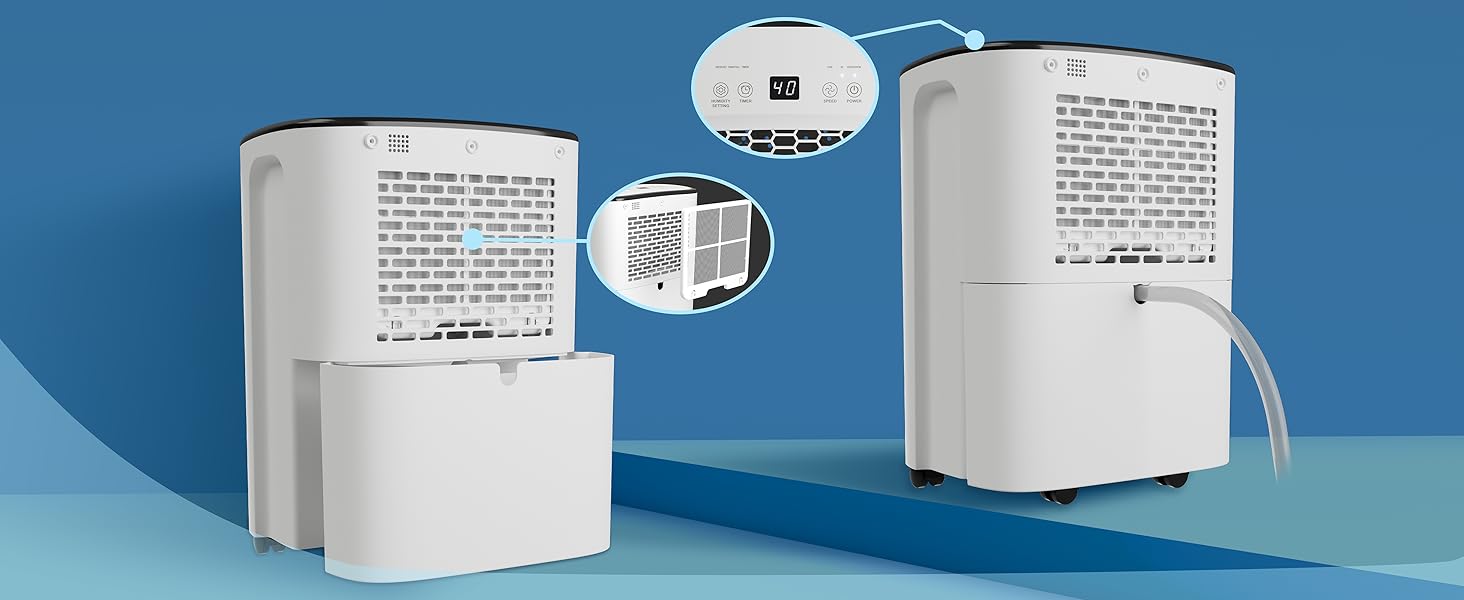 Noaton® DF 4212: Електричний осушувач повітря 13,2 л/24г з відводом, автовимкненням, тихий, для 45 м², таймер, бак 2,1 л, для квартири, підвалу