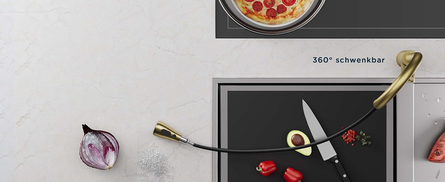 Кран кухонний FORIOUS з висувною лійкою, 360° обертання, 2 режими, шліфоване золото