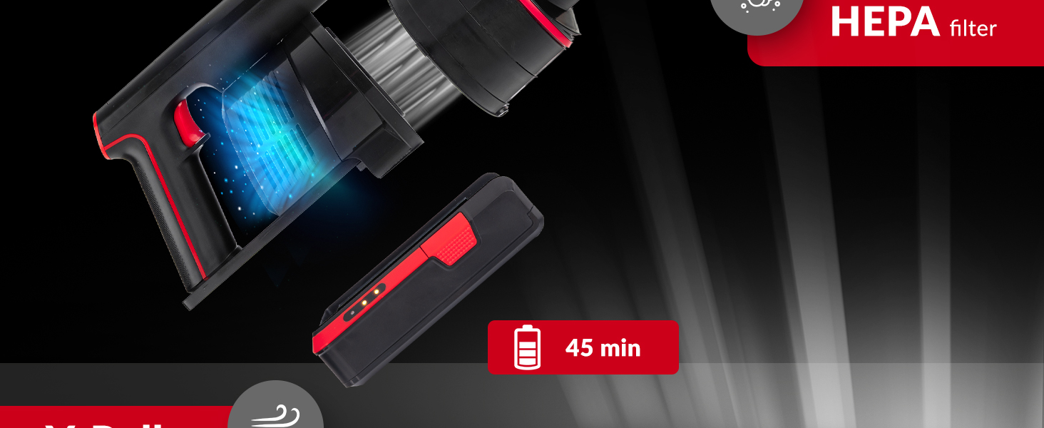 Бездротовий акумуляторний пилосос Lehmann 3-в-1 з HEPA-фільтром та LED-щіткою, 45 хв роботи, 1.8л контейнер, для тварин, килимів, авто