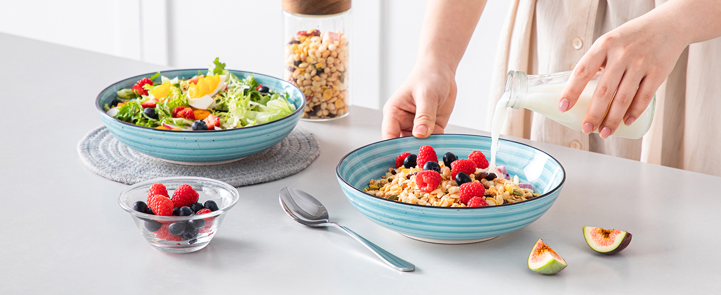 Набір супових тарілок Vancasso Bonbon (6 шт.), супові миски з кераміки, об'єм 1500 мл, глибокі тарілки для пасти, салатники, придатні для миття в посудомийній машині та використання в мікрохвильовій печі, блакитні