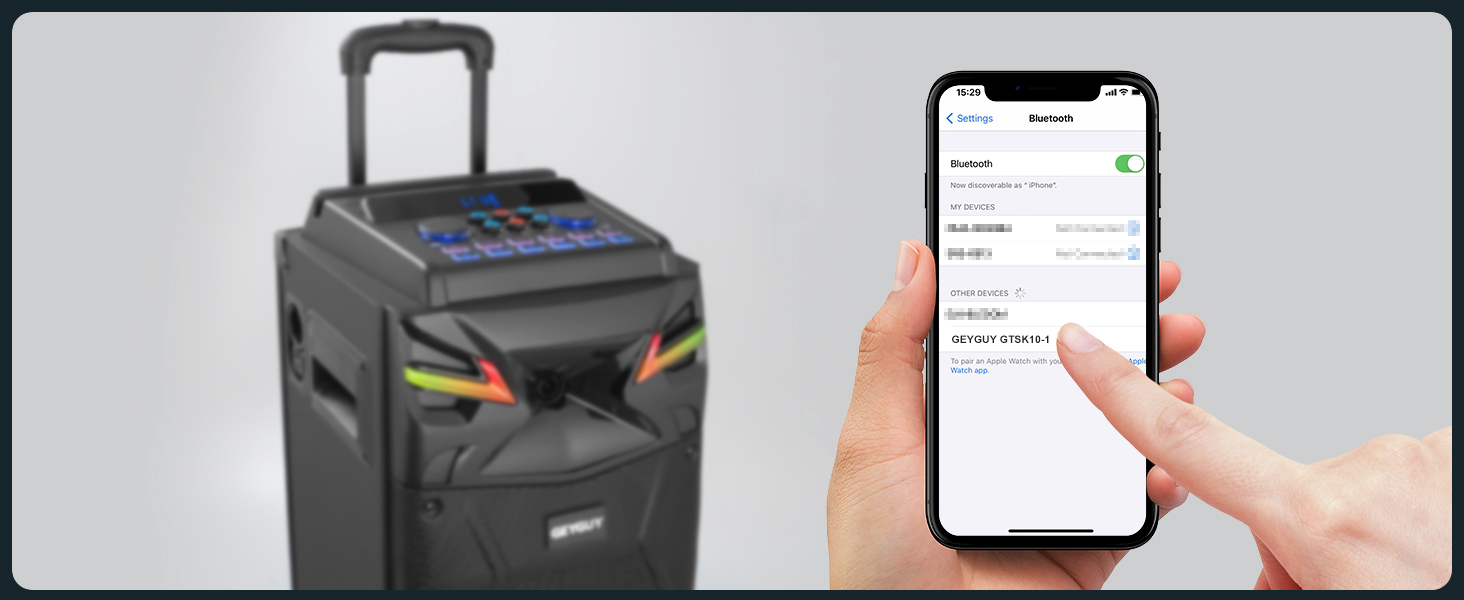 Портативна караоке система з Bluetooth та 2 мікрофонами, 2 x 10” динаміки, USB-C запис, світлові ефекти, FM, підтримка TV/проектора, GTSK210-1