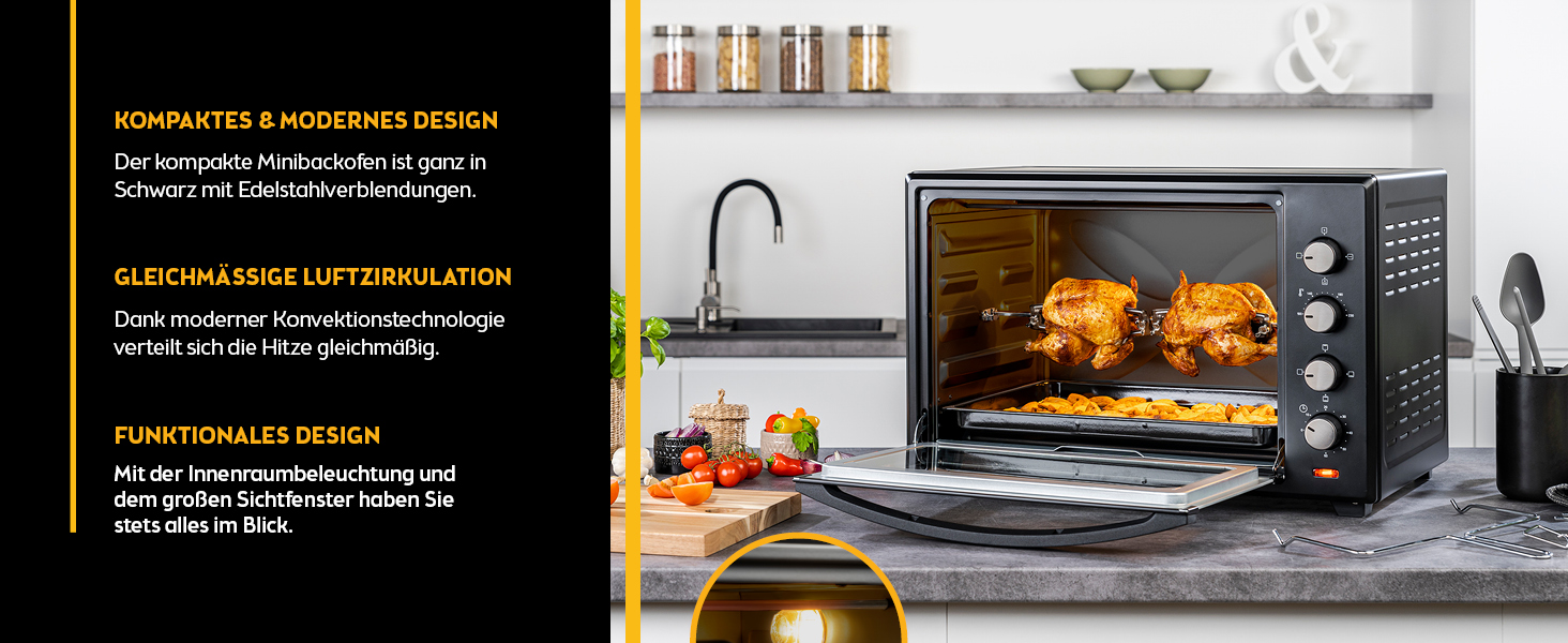 Міні-піч TZS First Austria 45L з регулюванням температури до 230°C, таймером, грилем та поворотним шампуром. Антипригарне покриття, 4 рівня, деко та решітка.