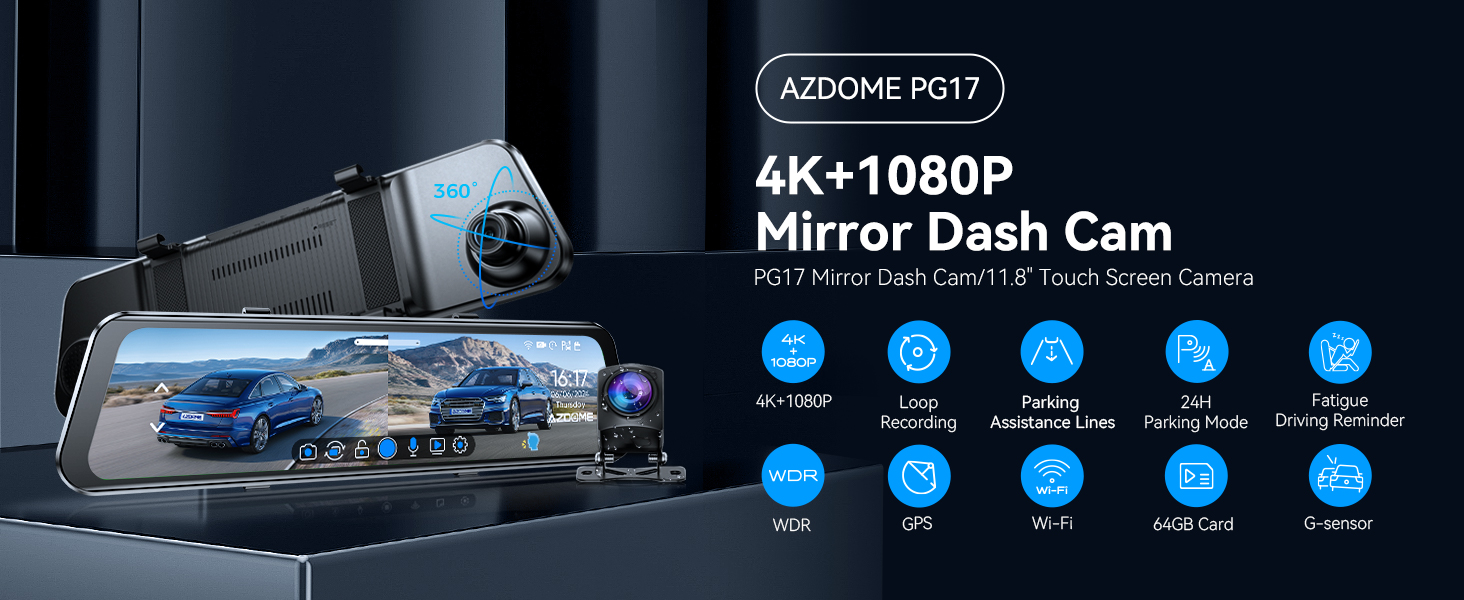 Dashcam AZDOME PG17 4K: Дзеркало заднього виду з відеозаписом, WiFi, GPS, нічне бачення, голосове керування, 64GB карта в комплекті