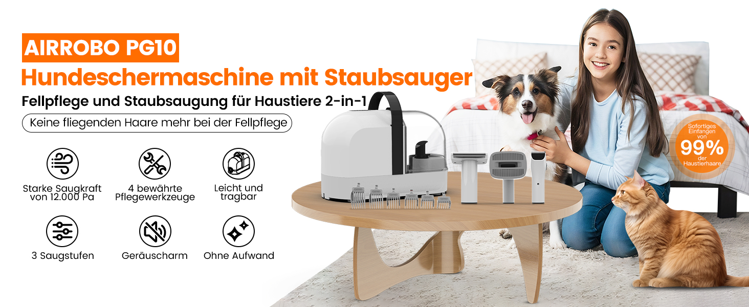 Машина для стрижки собак AIRROBO PG10 з пилососом 12000 Pa, щітка для собак, видалення шерсті для собак і котів, тиха машинка для стрижки з набором інструментів, чорний контейнер 1.4L