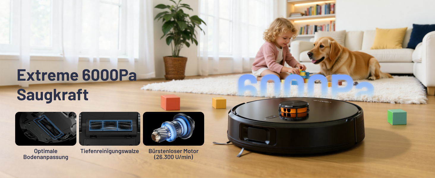 Робот-пилосос VONKO S6 Pro з функцією миття та док-станцією, 6000Pa, LiDAR 2.0, 180 хв, для тварин та килимів