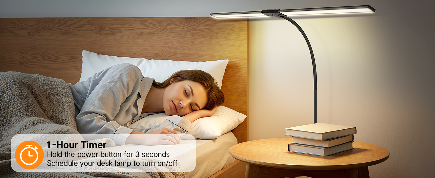 OUTON LED лампа настільна з двома головками, 85.5 см, USB-A & C, регульована яскравість 1600LM, 5 температур кольору, таймер, кріплення, для офісу та дому, чорний