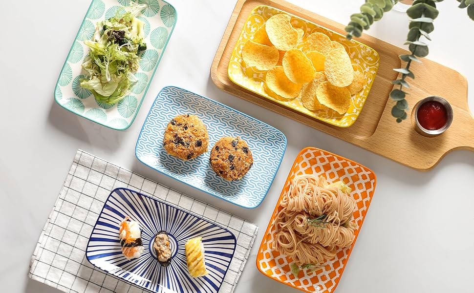 Керамічні сервіровочні тарілки Selamica, набір 4 шт, 24 x 14 x 2.5 см, різні кольори. Ідеально для закусок, суші, фруктів та святкового сервірування.