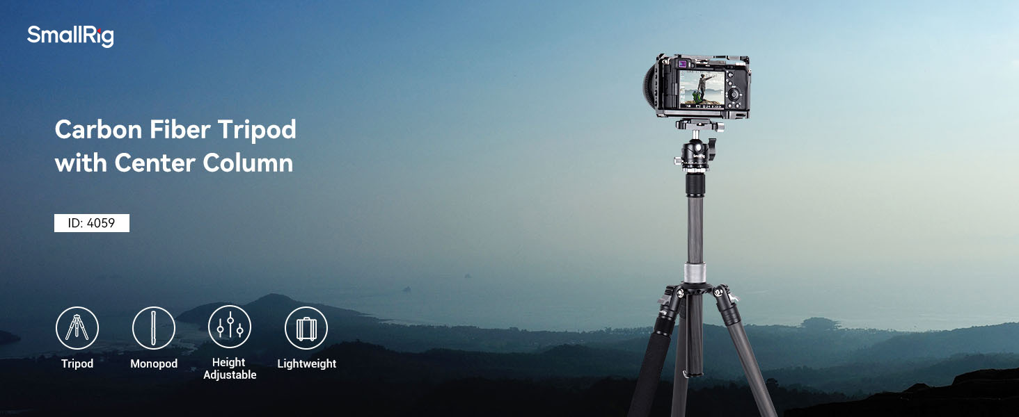 SMALLRIG штатив з вуглецевого волокна з центральною колоною, 360° кульова головка, знімний монопод, Quick Release Plate, вантажопідйомність 12 кг, 4059