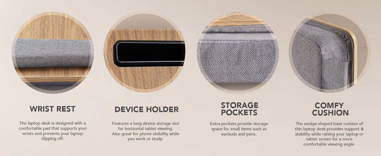 Підставка для ноутбука HUANUO для ліжка, 15.6 дюймів, з антиковзними смугами та функцією зберігання, для дому, офісу або навчання, коричнева текстура дерева