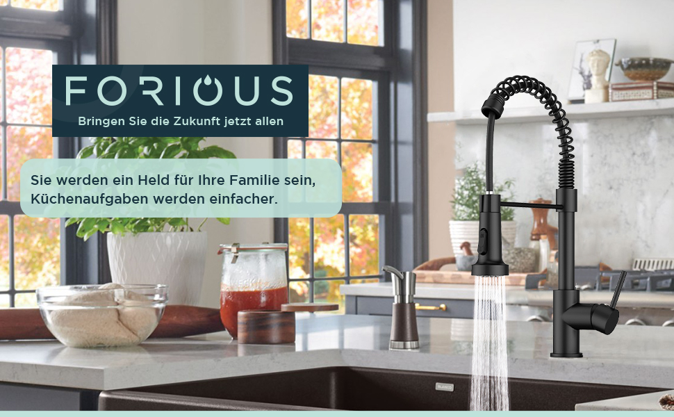 Змішувач для кухні FORIOUS висувний з душем, одноleverний, чорний мат, 360° обертання