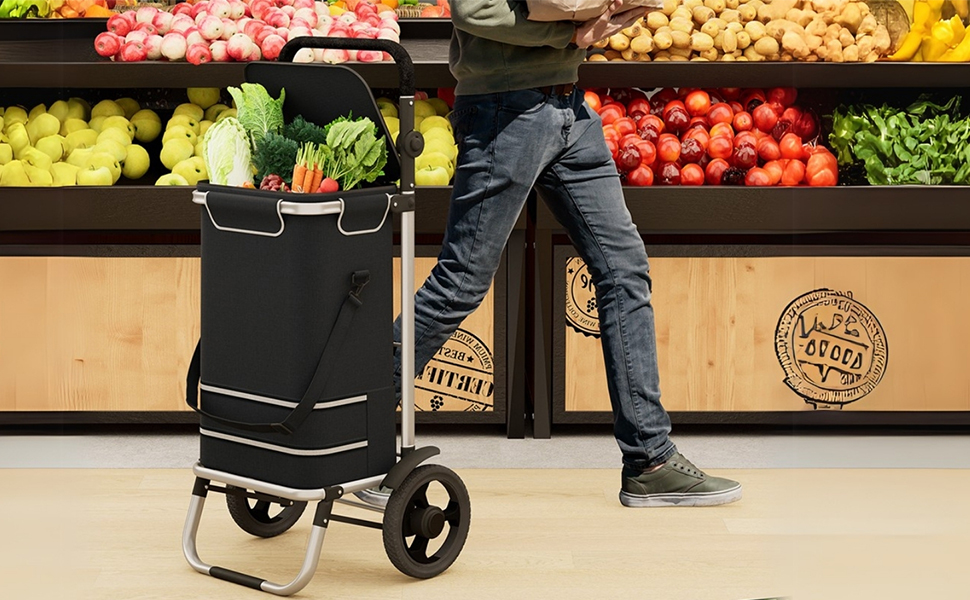 Великий колісний візок для покупок 64L, розкладний, до 60кг, з відділенням-холодильником, з відбивачем, чорний