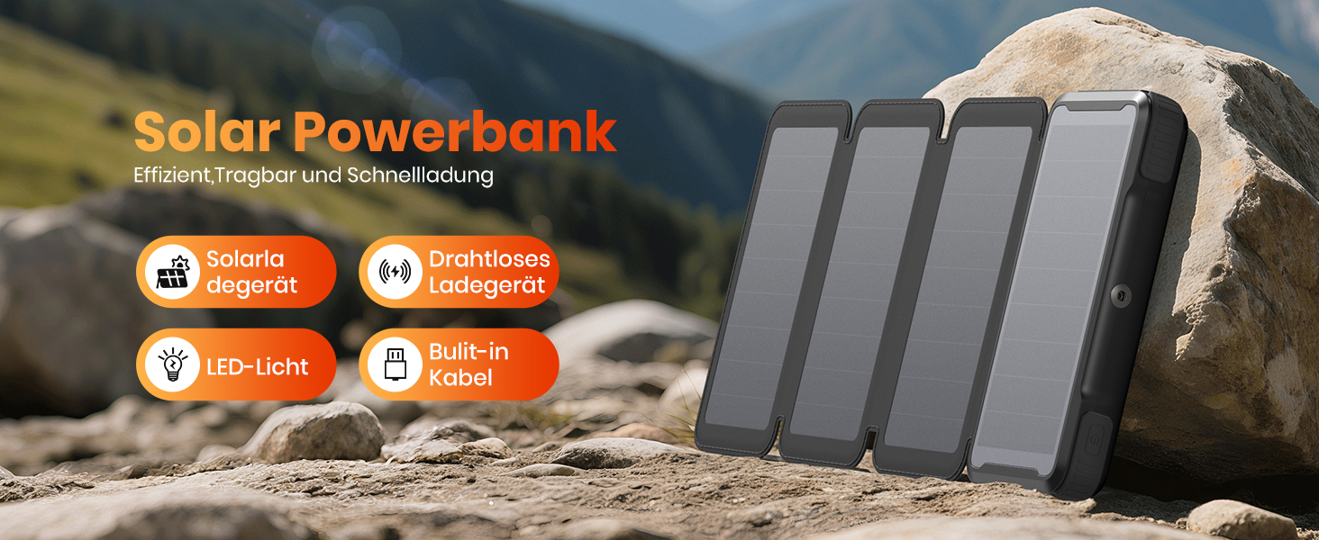 Power Bank Bilivein 25000mAh з сонячною зарядкою, 3 кабелі, 20W, LED, USB-C, для активного відпочинку