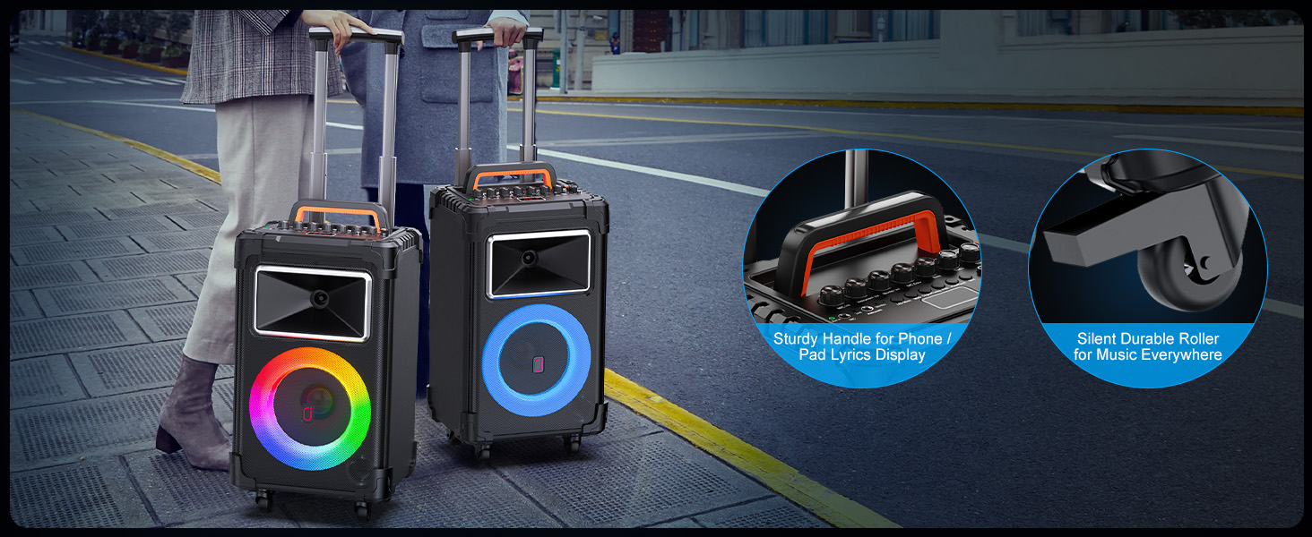 Караоке система JYX з 2 бездротовими мікрофонами, великим гучномовцем, Bluetooth, колесами та диско-світлом, сабвуфером PA, підтримкою TWS/USB/SD/AUX/Rec (Чорний)