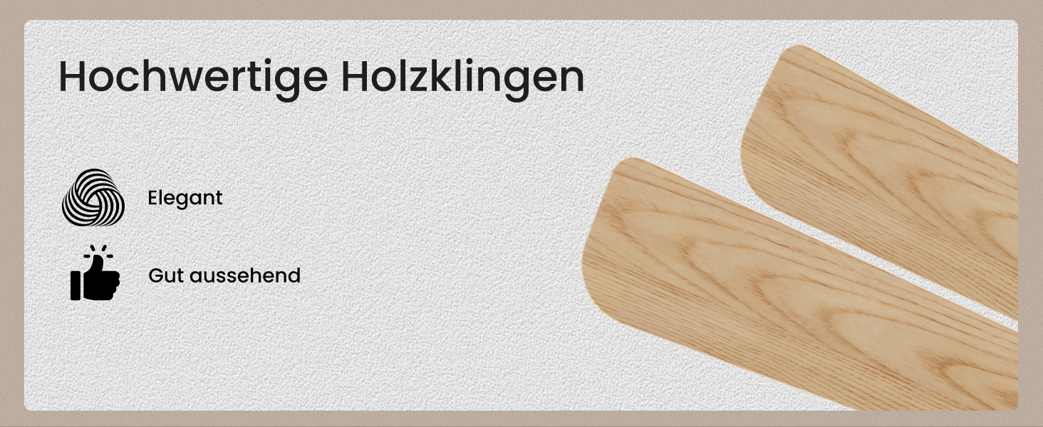 Стеляний вентилятор Holz з підсвічуванням, тихий DC-двигун, 90 см, для вулиці, 3 дерев'яні лопаті, регульоване LED-освітлення 24W, пульт з пам'яттю, 6 швидкостей, таймер (дерево, 52 дюйми)