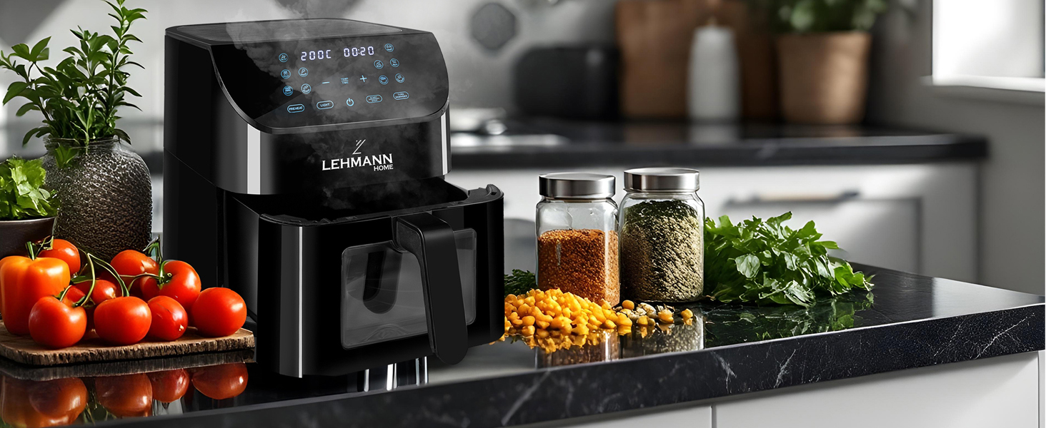 Фритюрниця повітряна LEHMANN з 2 камерами, 2400 Вт, AirFryer XXL, 12 програм, до 200°C, WiFi, 8л, чорний колір, з оглядовим вікном