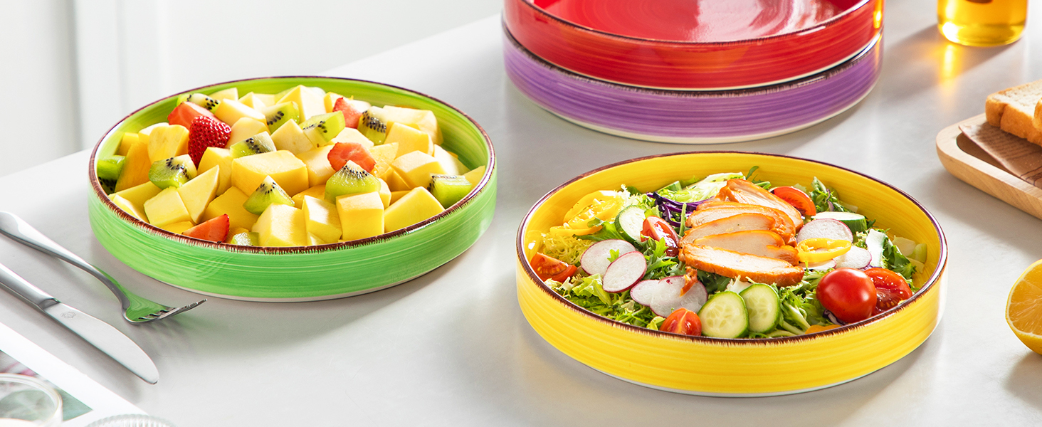 Vancasso Soup Bowls Stoneware, Bonita Soup Plate Set of 4, Pasta Plate, Spaghetti Deep Bowls, Noodle Bowls, Large Salad Bowls, Salad Bowl Dishwasher and Microwave Safe, Colorful