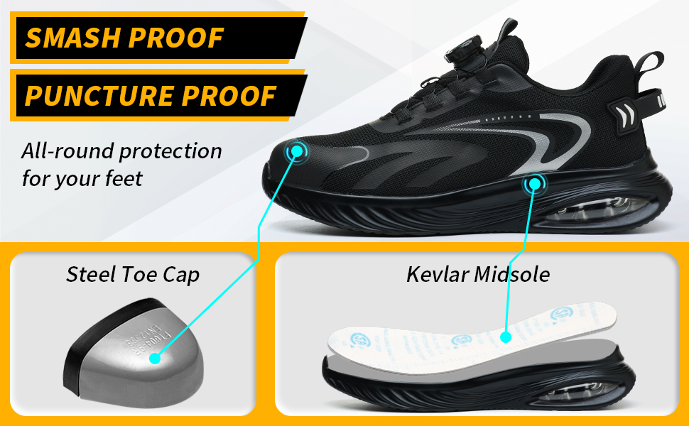 Черевики робочі чоловічі/жіночі, захисні, легкі, спортивні, дихаючі, на шнурках/з поворотним затвором, зі сталевим підноском, 47 EU, чорні