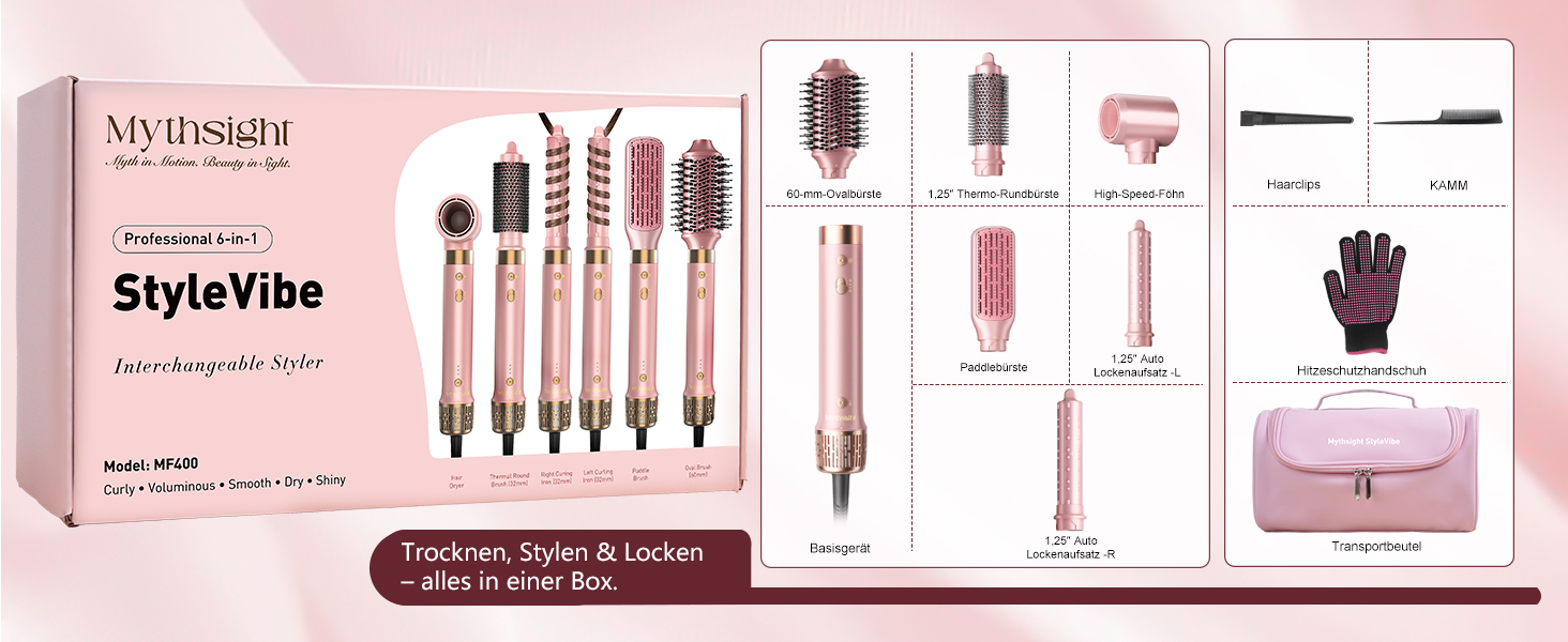 Airstyler 8-в-1: Фен-щітка з автоматичною насадкою для локонів, Dual Voltage, для подорожей, рожевий. Швидке сушіння, об'єм та без пошкоджень від тепла.