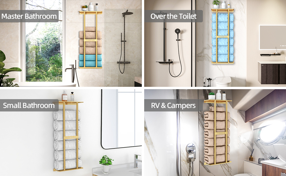 Тримач для рушників настінний з полицею, золото, 30 дюймів. Металевий органайзер для ванної кімнати