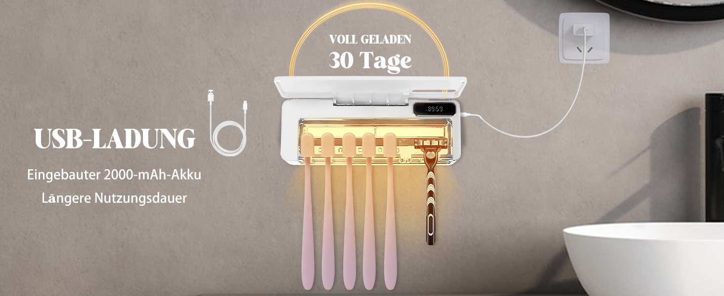 Утримувач для зубних щіток настінний з УФ дезінфекцією, електричний для зубних щіток, USB зарядний, 2000mAh, 3 режими, для дому, ванної кімнати, душу (білий)