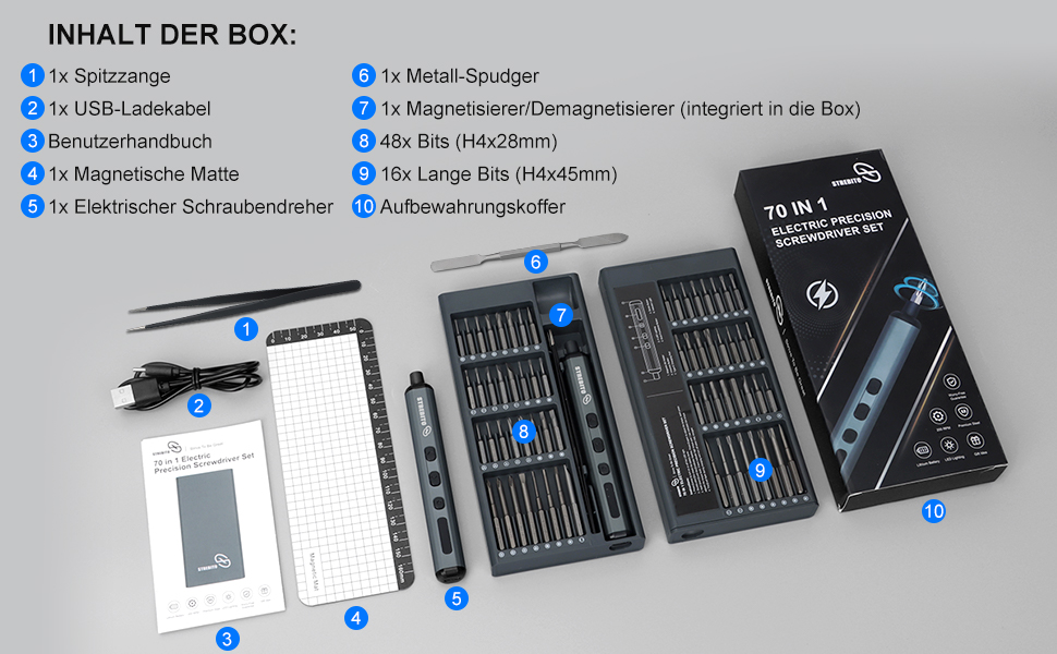 Міні-шуруповерт STREBITO 70-в-1: комплект з 64 бітами, 5 режимів крутного моменту, LED-підсвічуванням, сірий